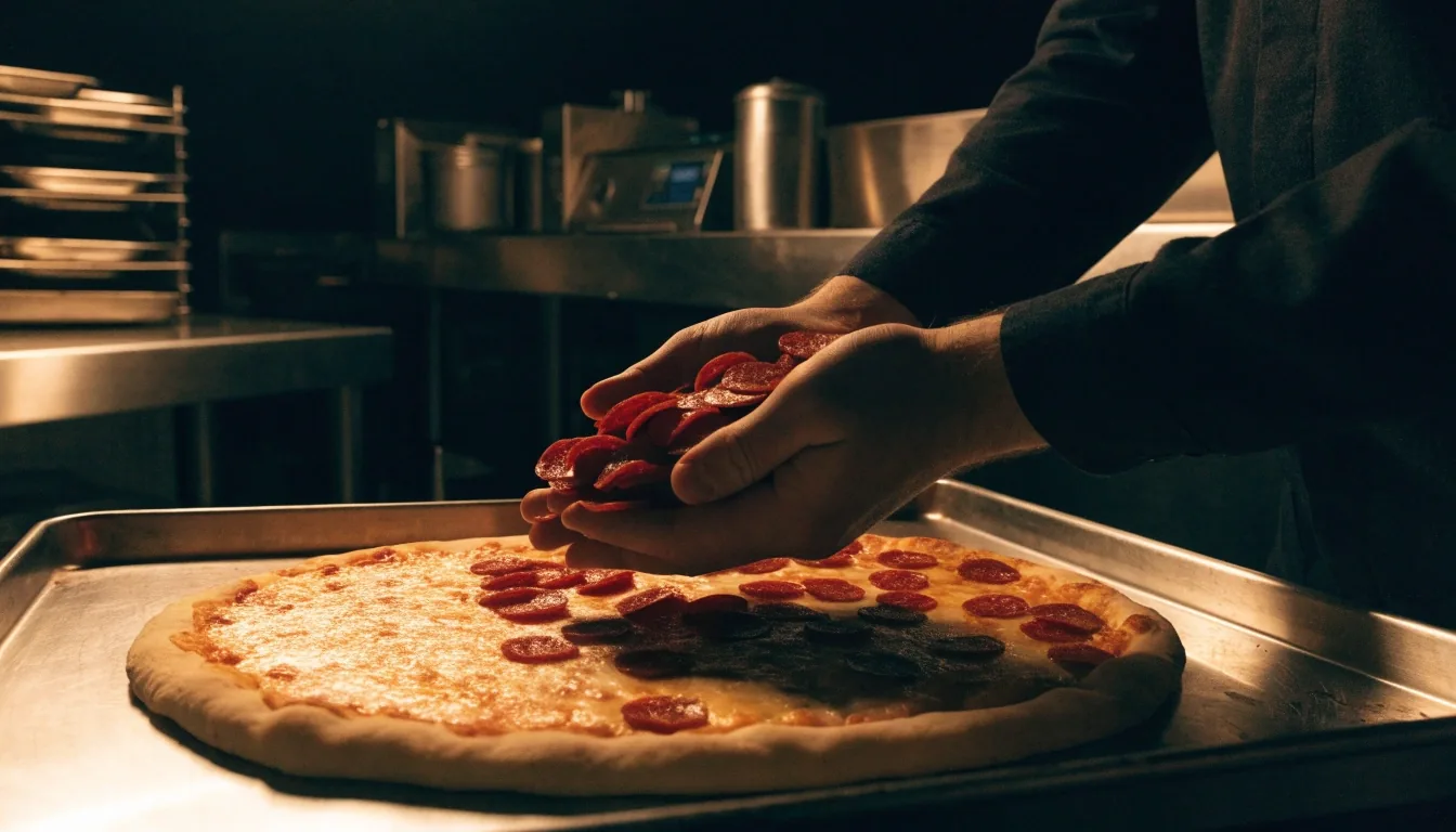 Dough proofing trays glowing under a warm lamp in a dark pizzeria kitchen