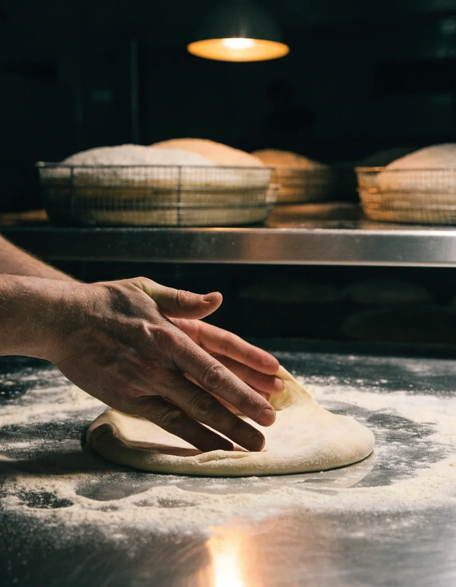 Hands pressing pizza dough on a floured steel bench