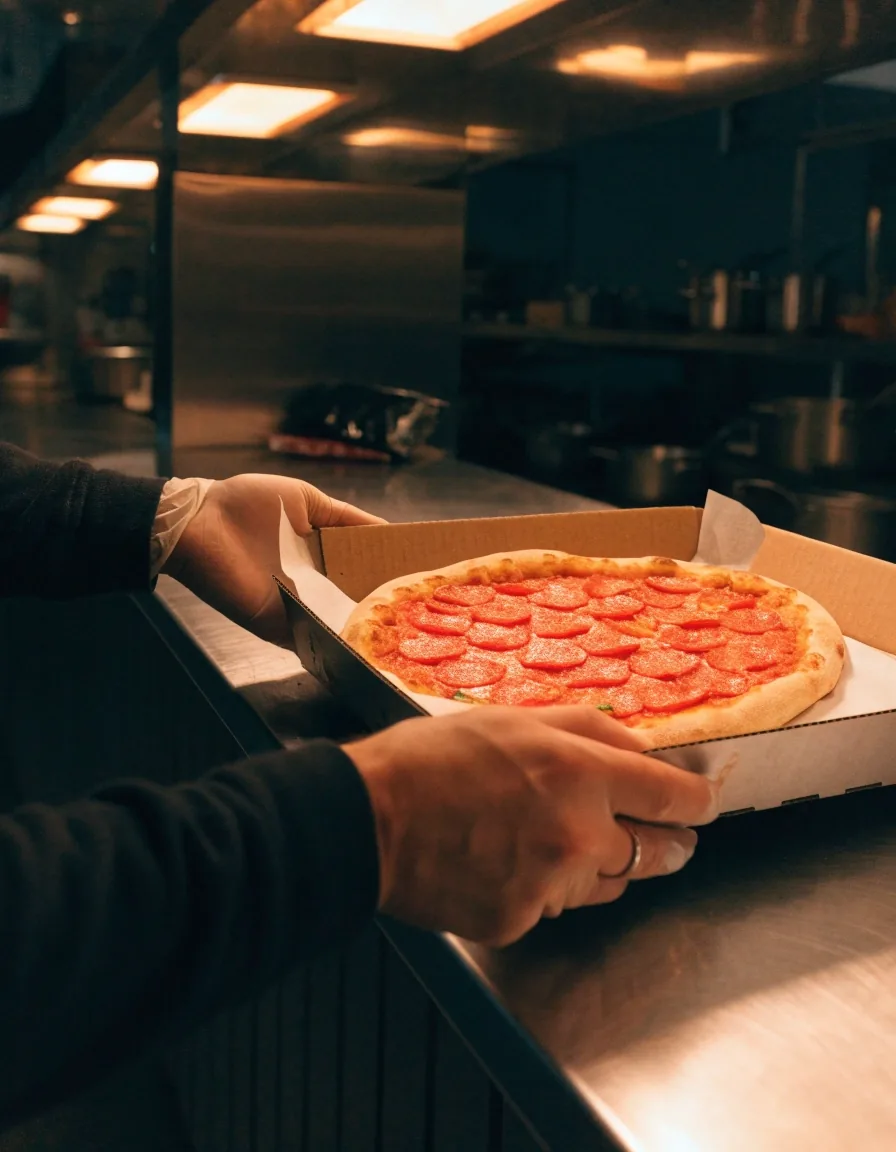 Pepperoni pizza on a sheet tray under warm lamp light