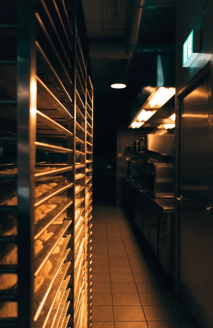 Stacked proofing trays in a warm kitchen corridor