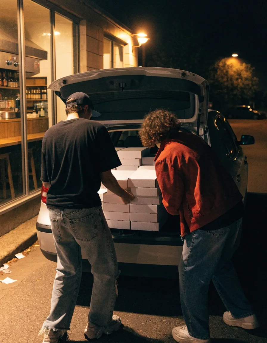 Carrying stacked pizza boxes to a car for a group pickup