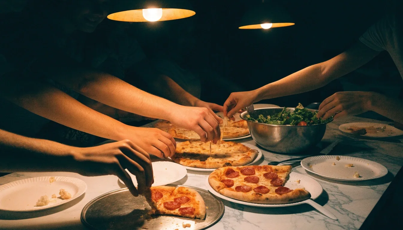 Family gathering table with pizzas and salad under warm lamps