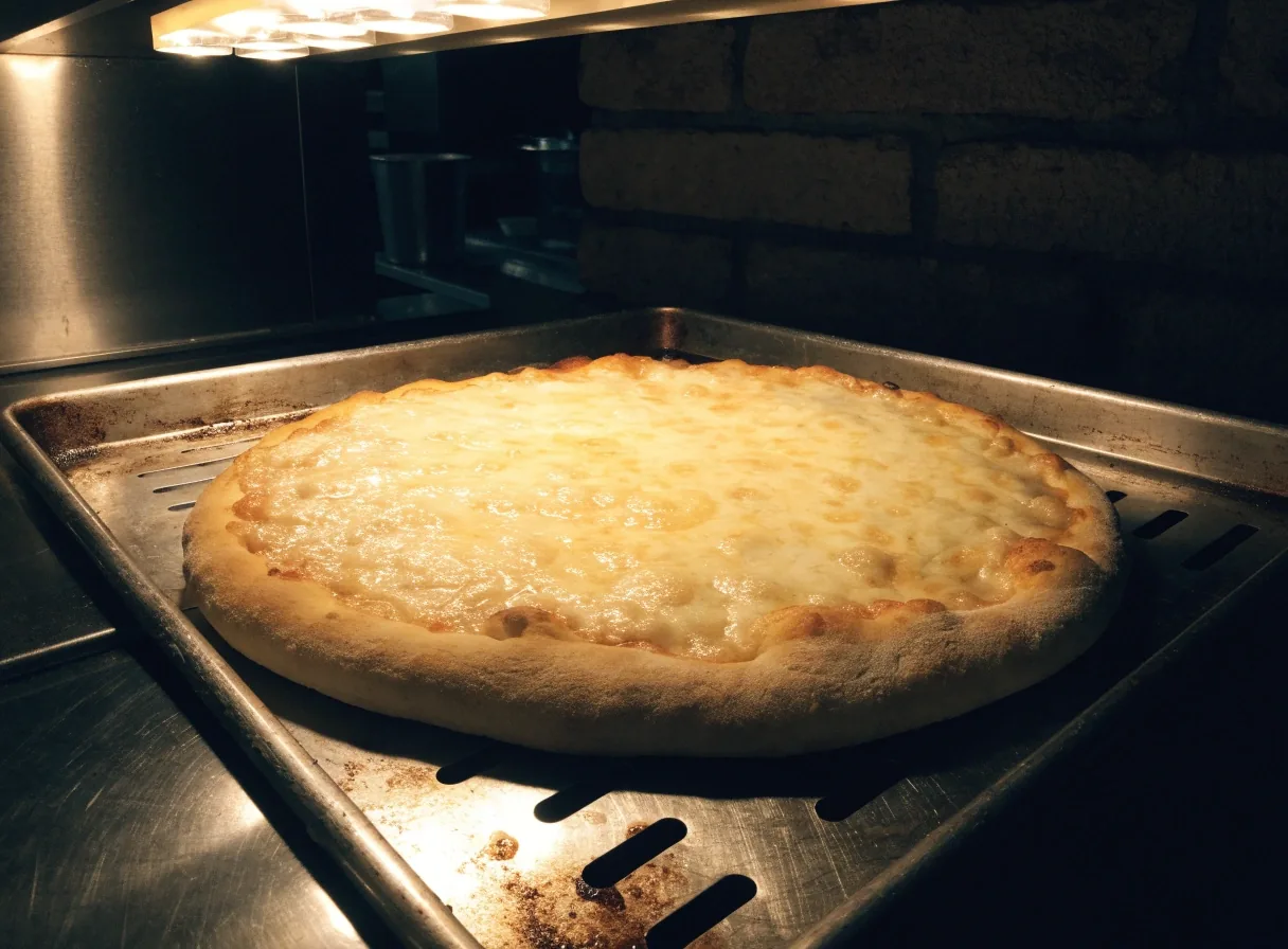 Large cheese pizza on a steel tray under a warm kitchen lamp