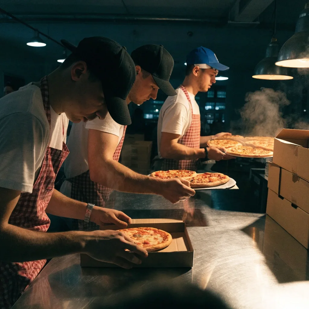 Pizzas baking in a hot oven before a large pickup