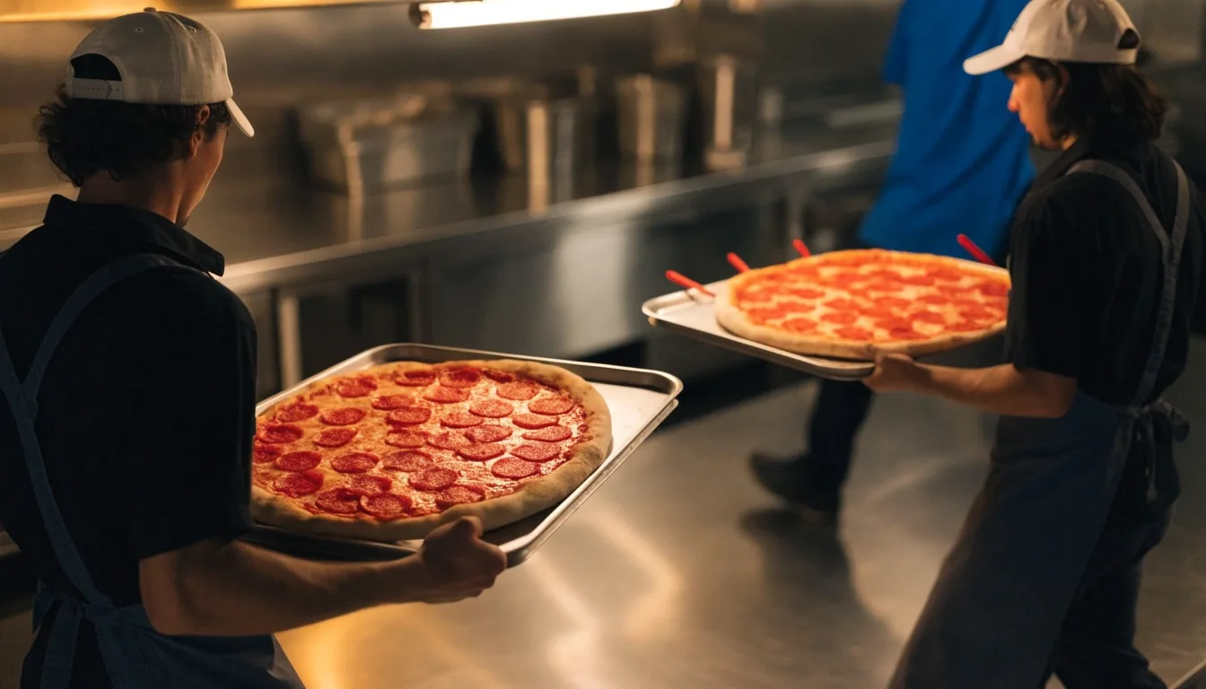 Stacked Papa Gino's group order boxes under a warm pickup lamp at night