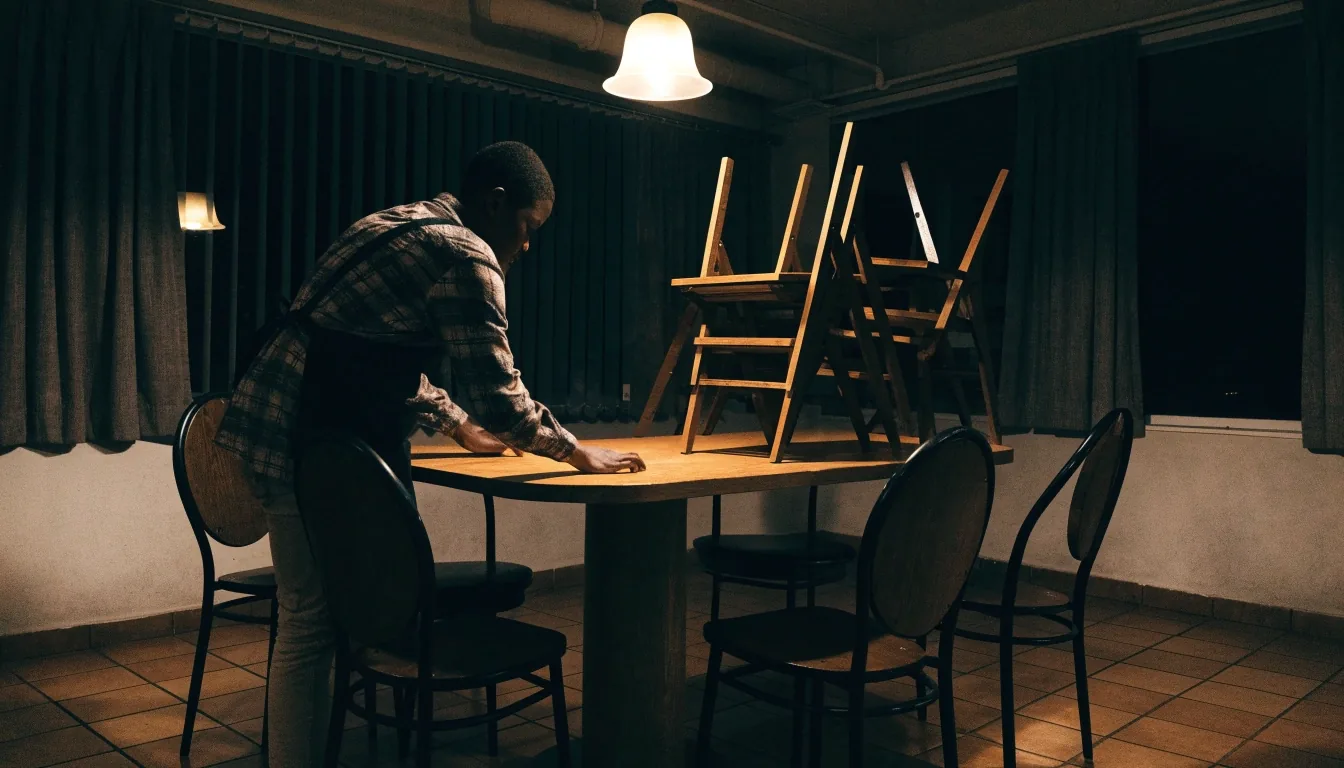 Dining room after close with chairs stacked and one lamp on