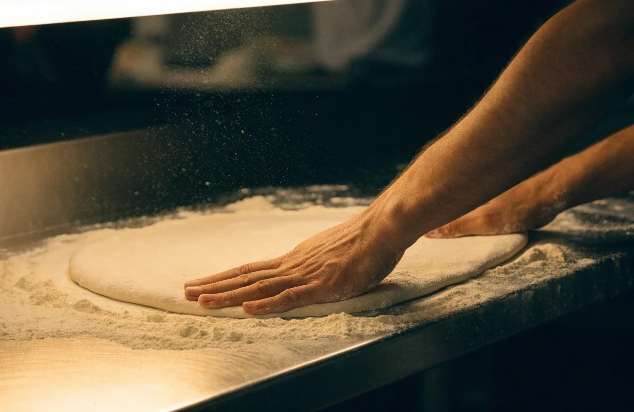 Hands stretching dough on a floured steel bench