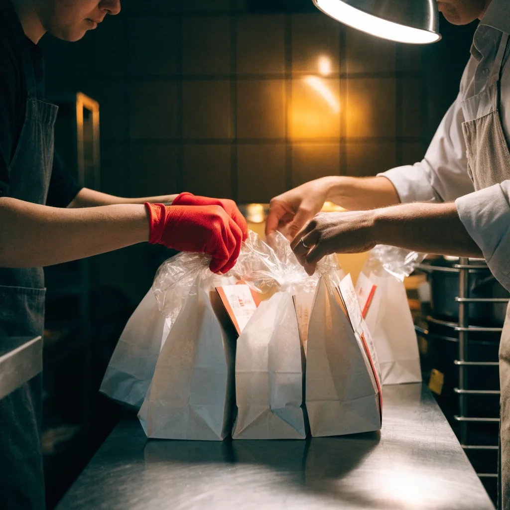 Pickup shelf with bagged orders under a warm lamp