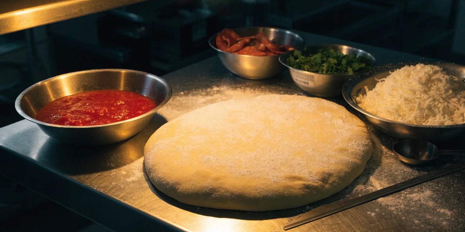 Dough, sauce and toppings on a steel prep counter under warm light