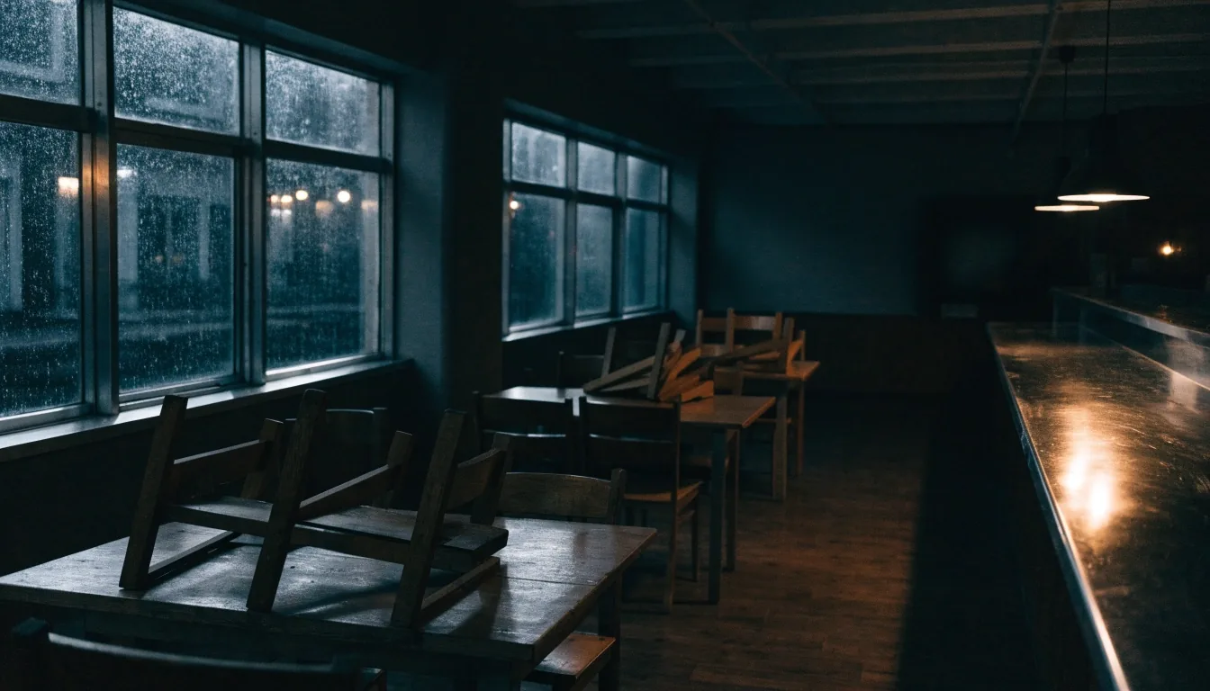 Papa Gino's dining room after close with one warm lamp on