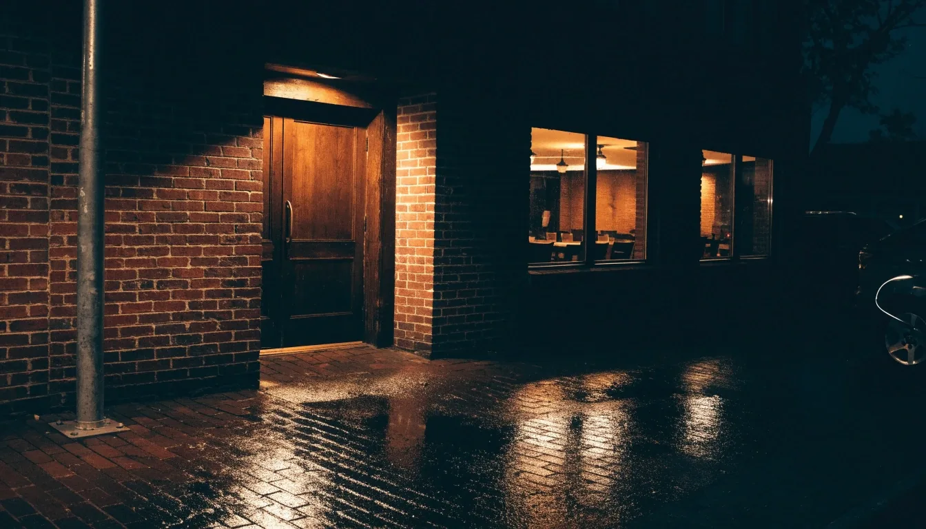 Papa Gino's storefront glowing through rain at night