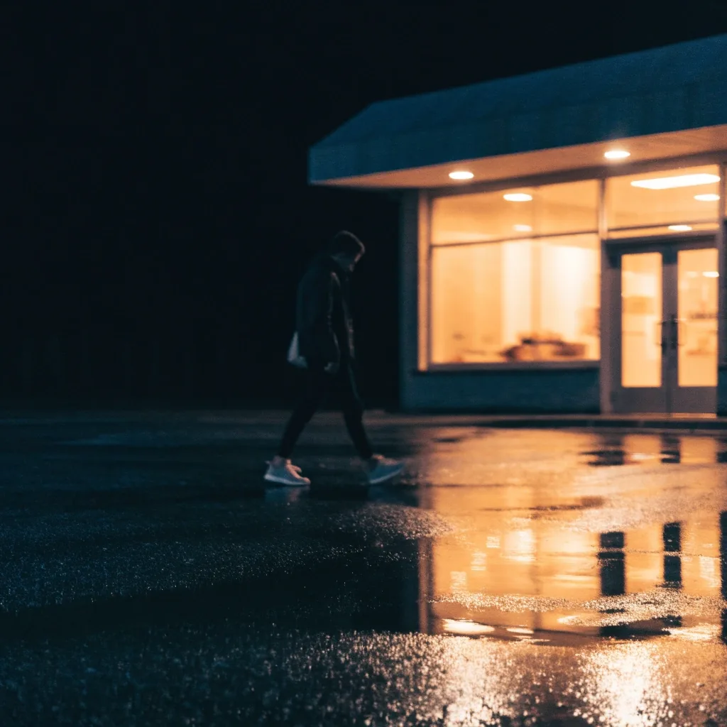 Parking lot outside a lit pizzeria at night