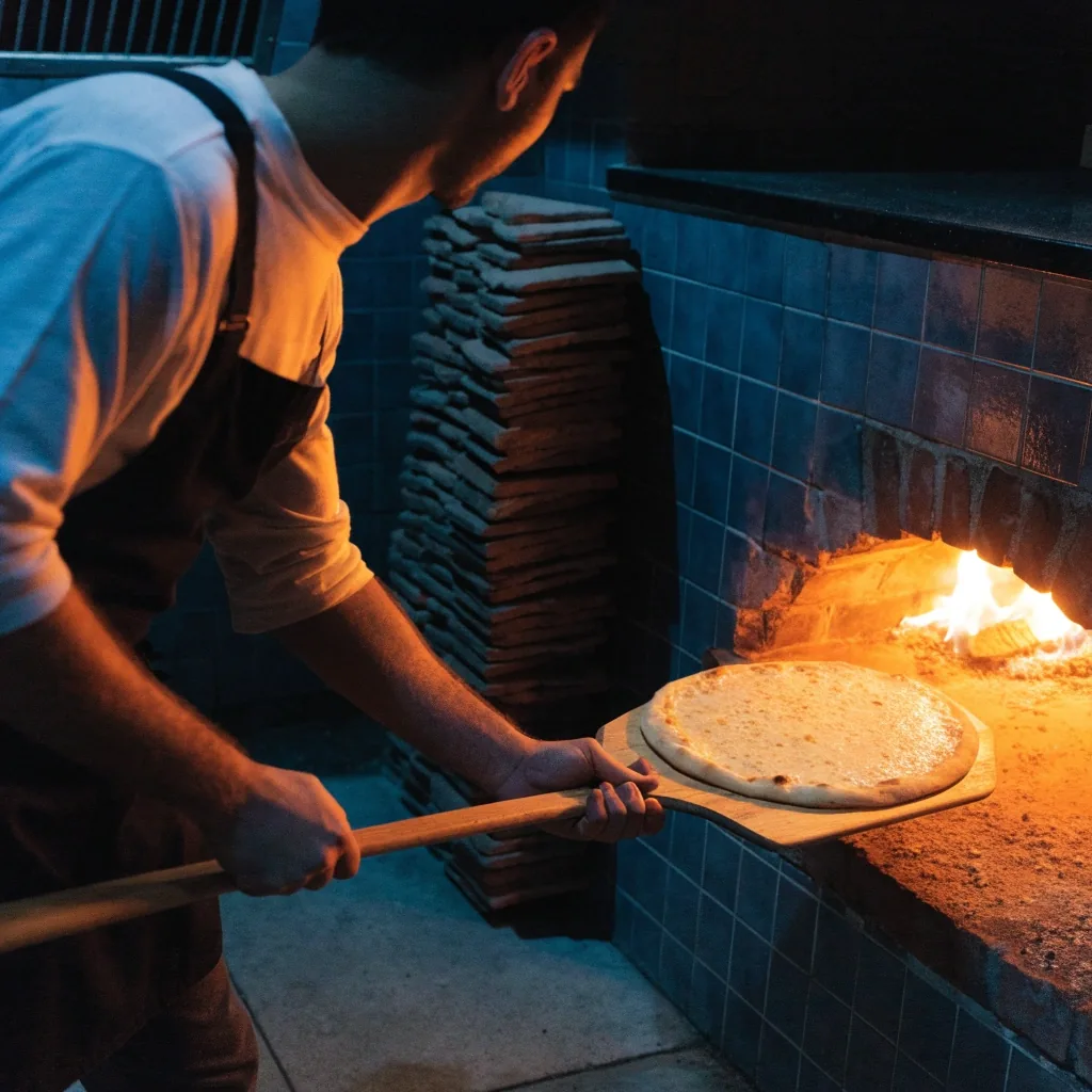 Pizza sliding into the oven on a peel