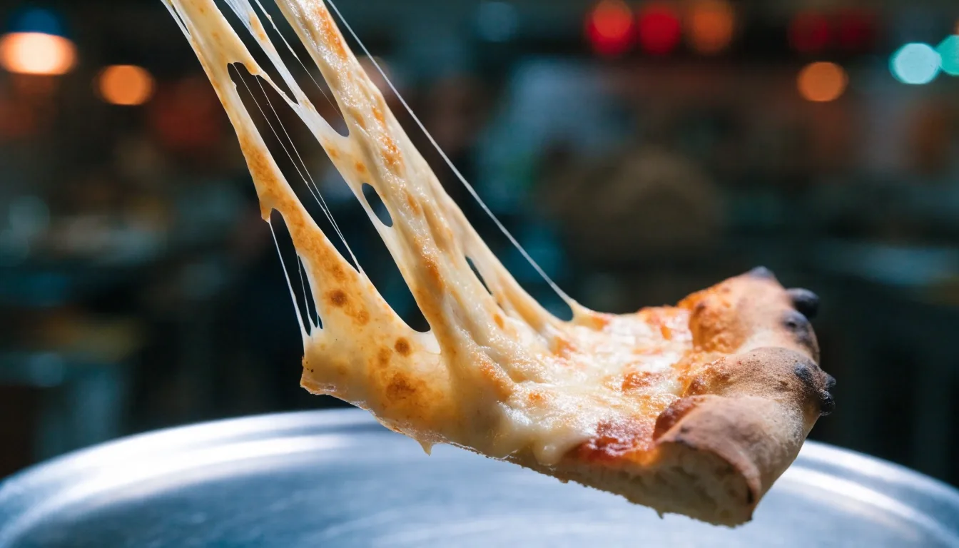 Cheese pull under a heat lamp in a dark pizzeria kitchen