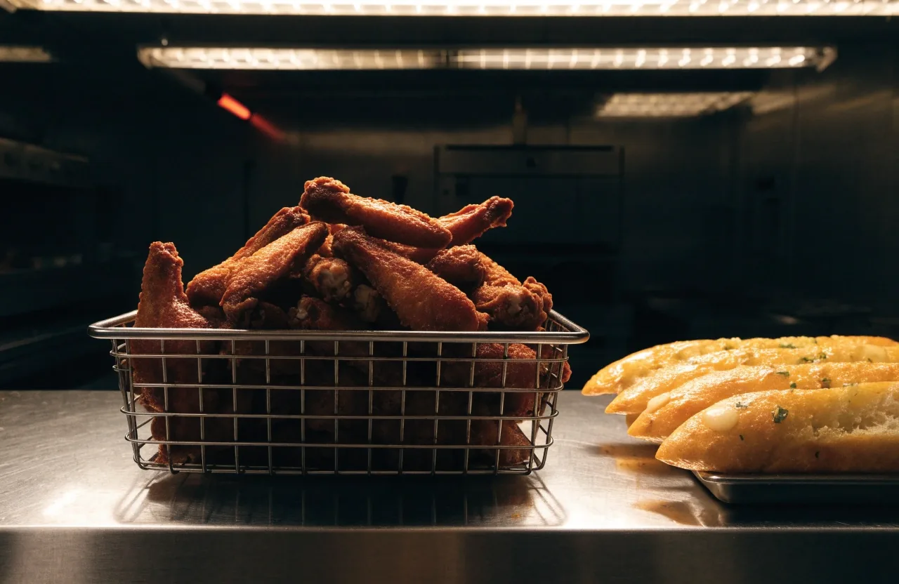 Chicken wings and garlic bread under warm lamps