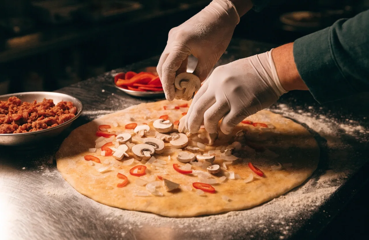 Fresh pepperoni pizzas on steel trays under a pass lamp