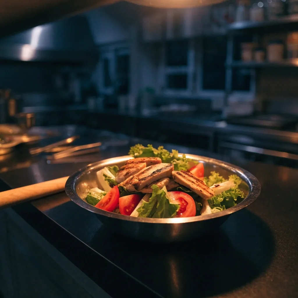 Garden salad with chicken on a dark prep counter