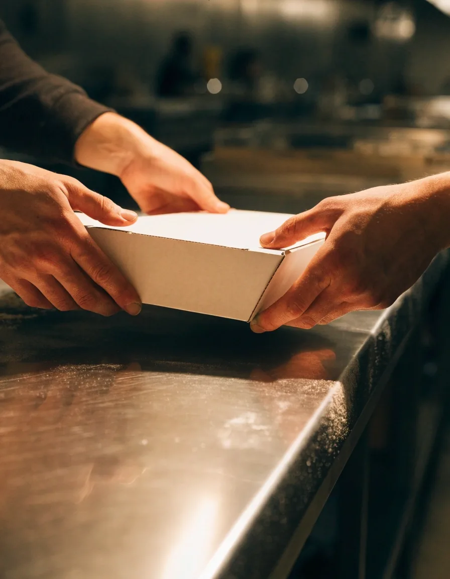Hands folding a pizza box on a stainless counter