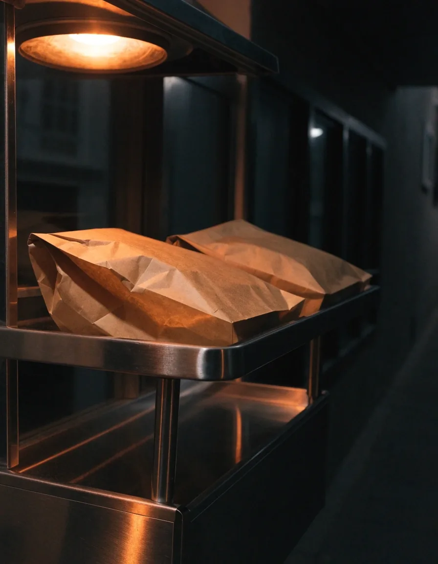 Pickup shelf with paper bags under a warm lamp