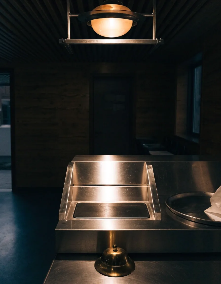 Pickup counter with a service bell under a heat lamp