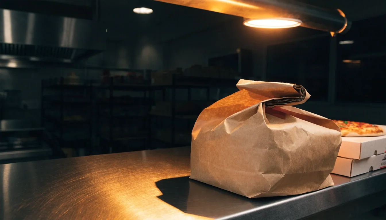 Pickup bag waiting under a warm lamp on a stainless counter