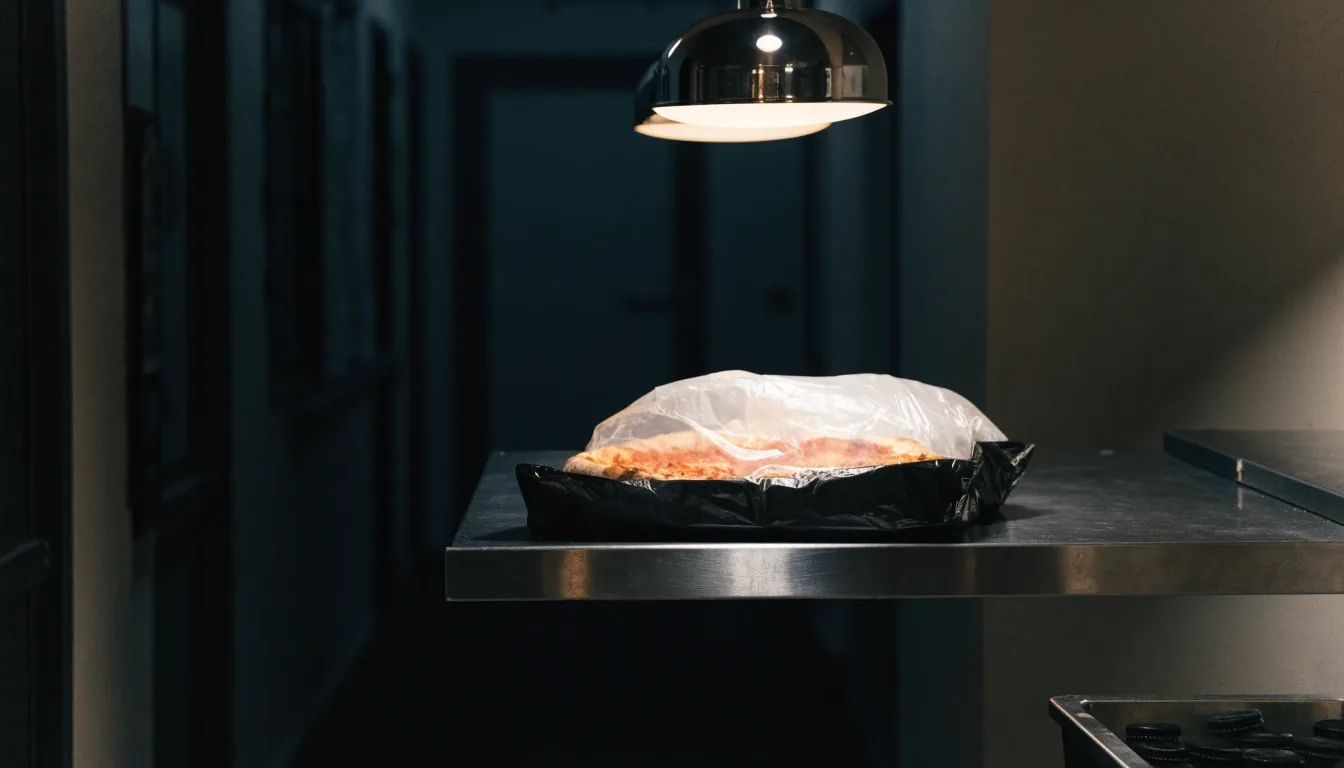 Pickup counter with bagged pizza under warm lamp at night