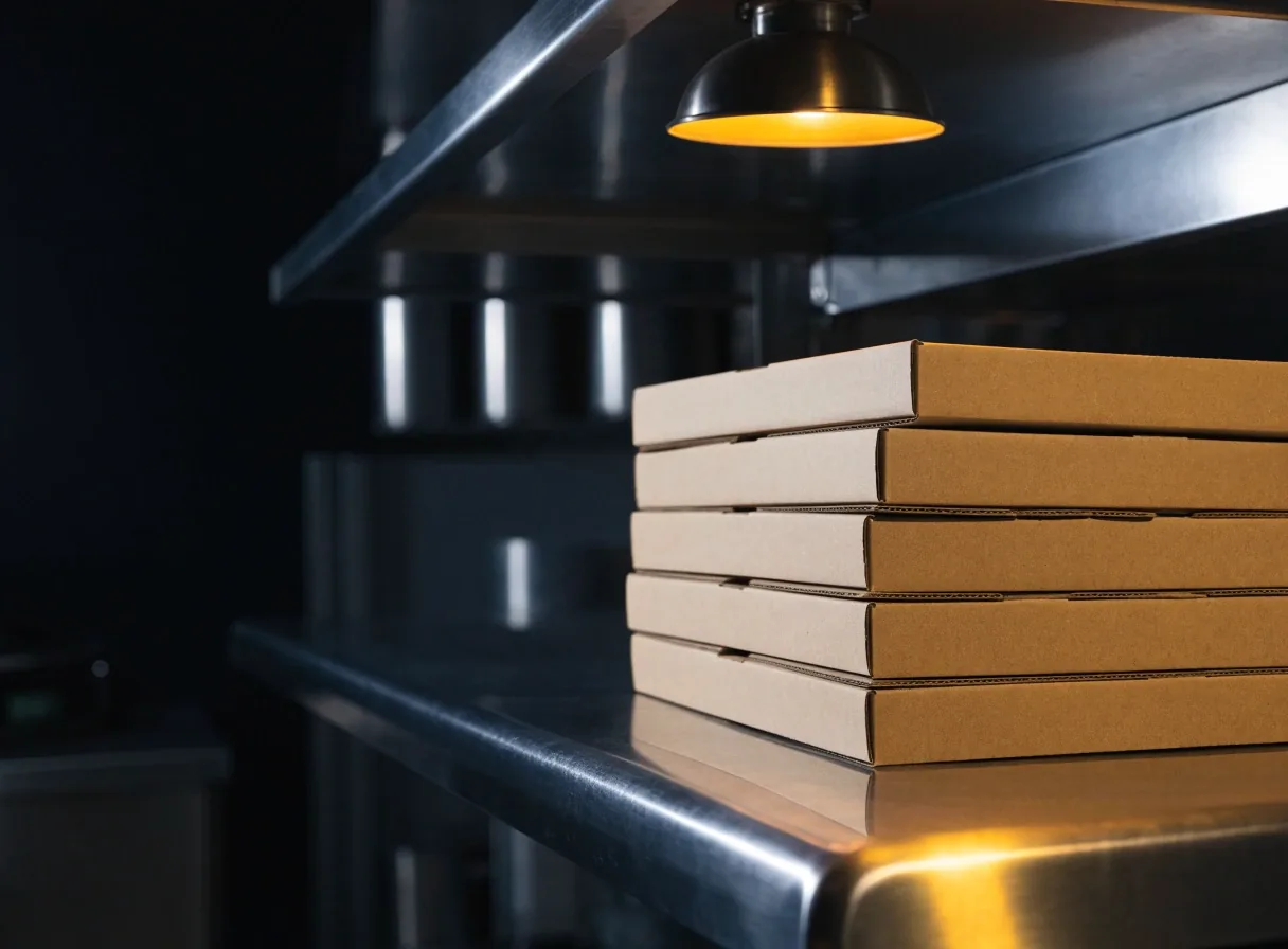 Pizza prep counter with dough sauce and toppings under warm light