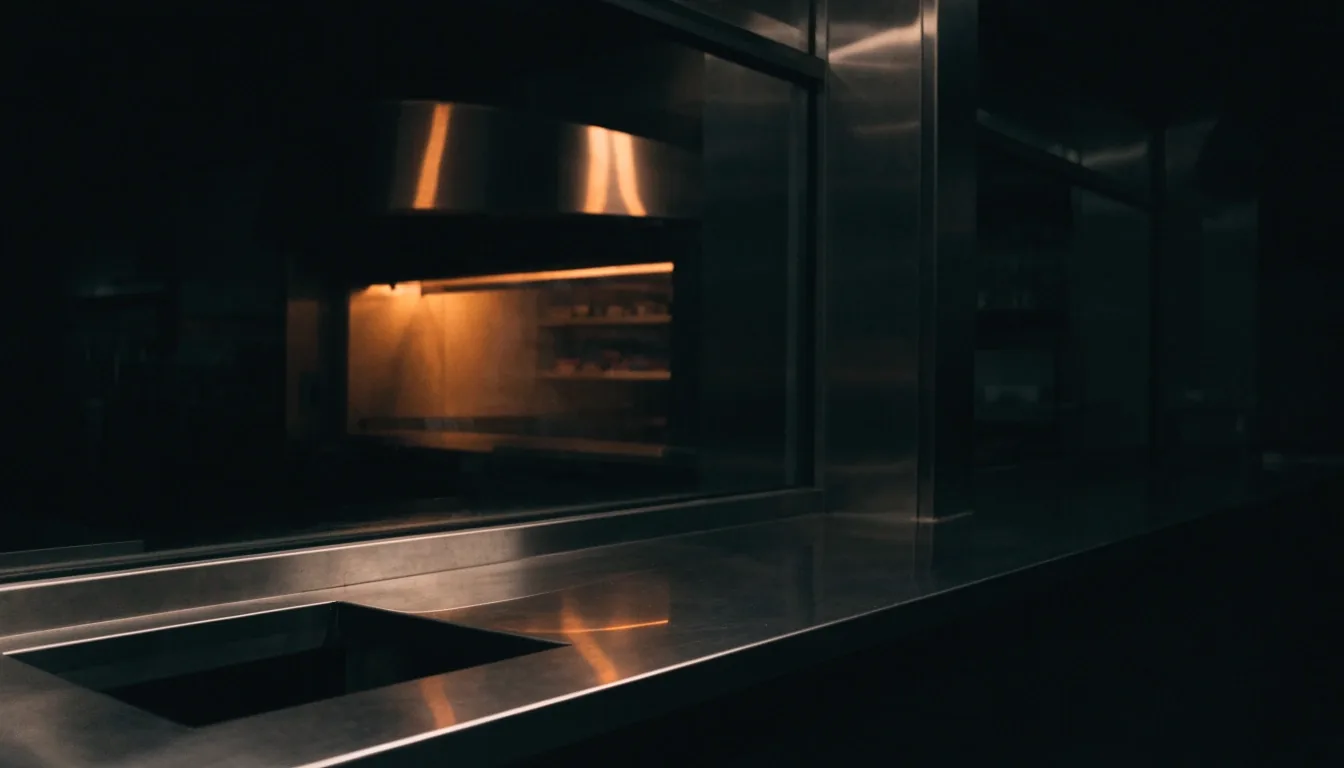 Pizzeria kitchen pass-through window at night with warm oven light