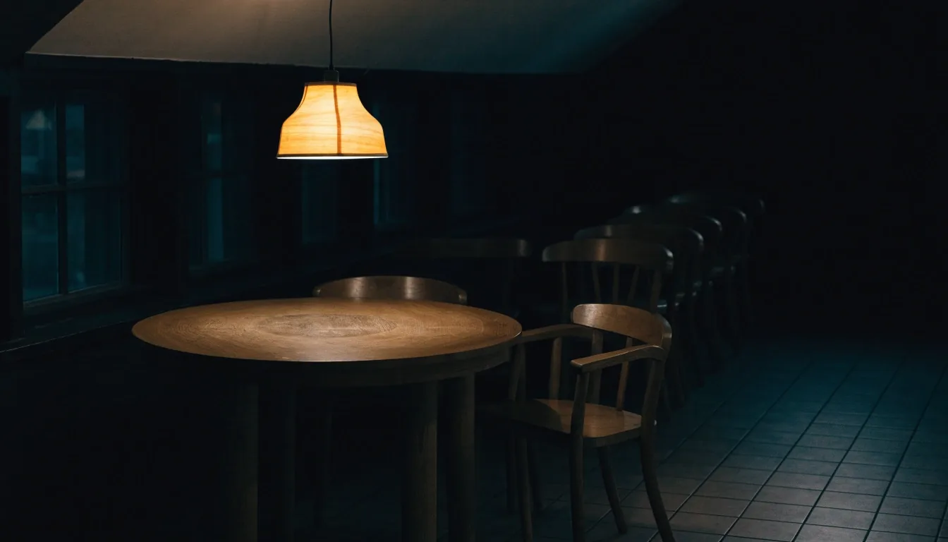 Pizzeria dining room after close with one lamp on