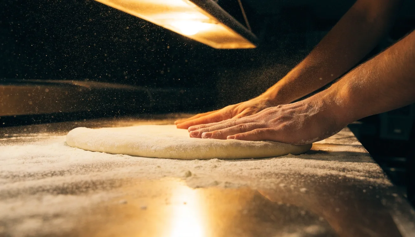 Hands pressing pizza dough on a floured steel bench