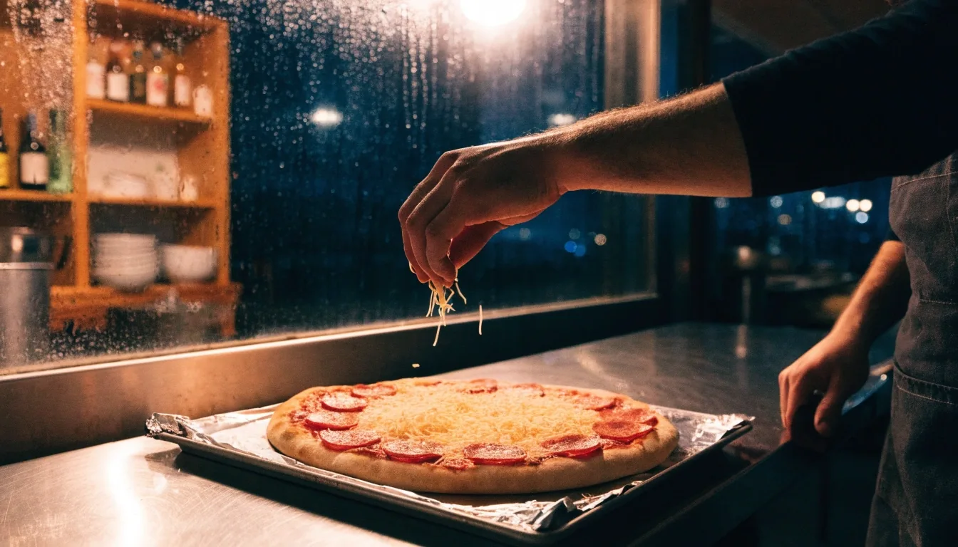 Kitchen pass-through window glowing at night behind rain on glass